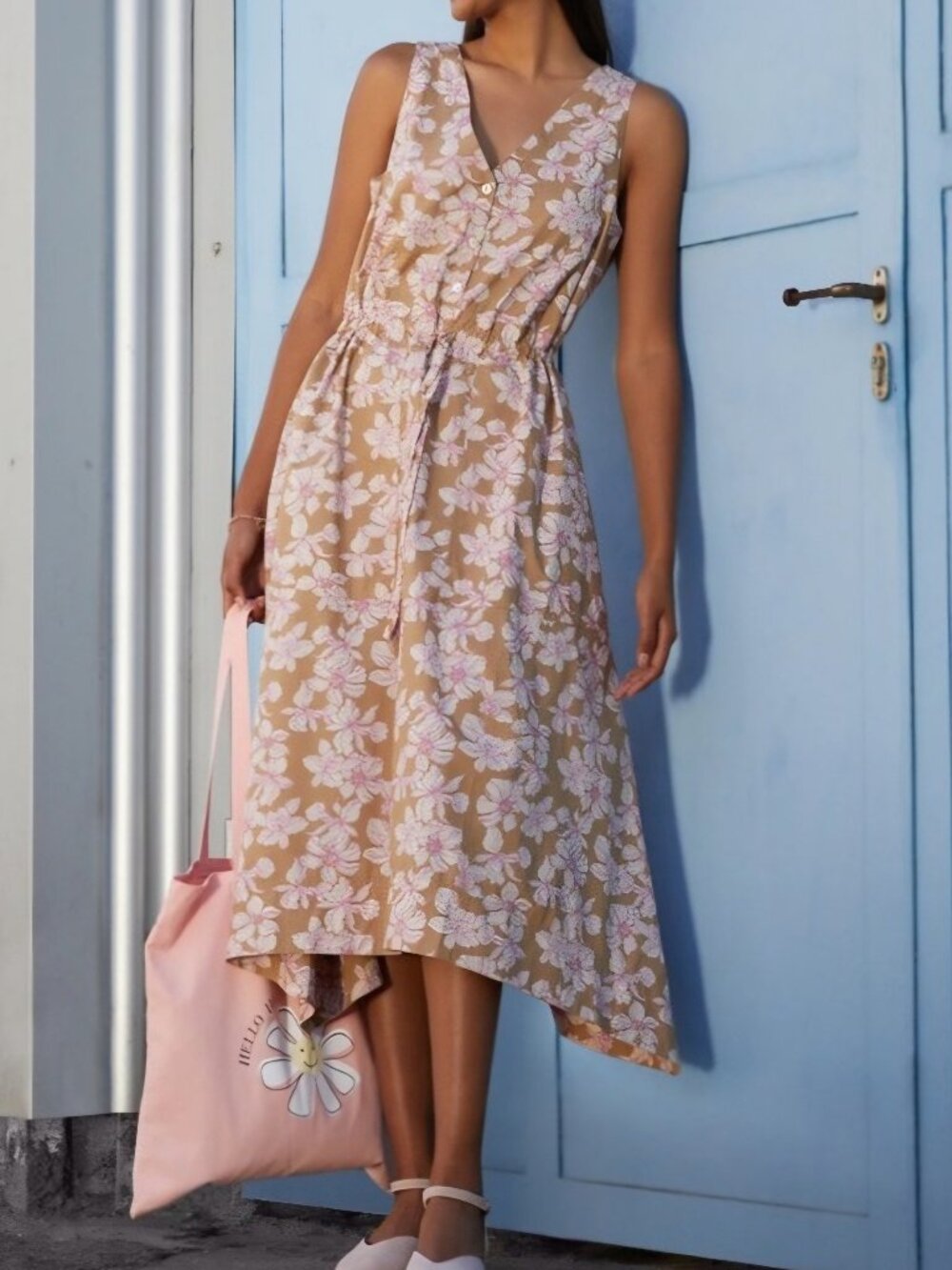 Gap Women's Tie-Waist Midi Dress HANKERCHIEF HEM Floral Print Cotton V-neck Sz M